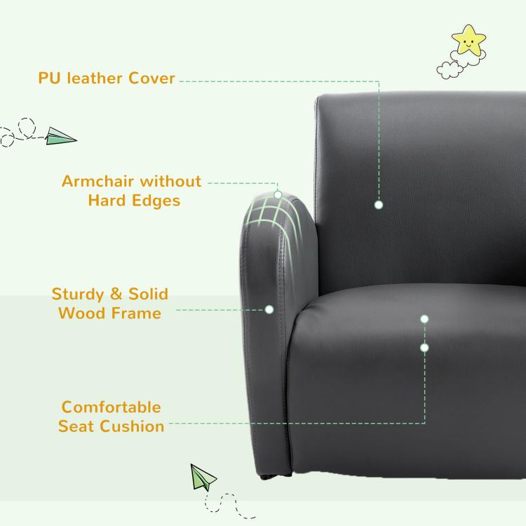 Grey PU leather armchair with smooth back and rounded edges, cushioned seat