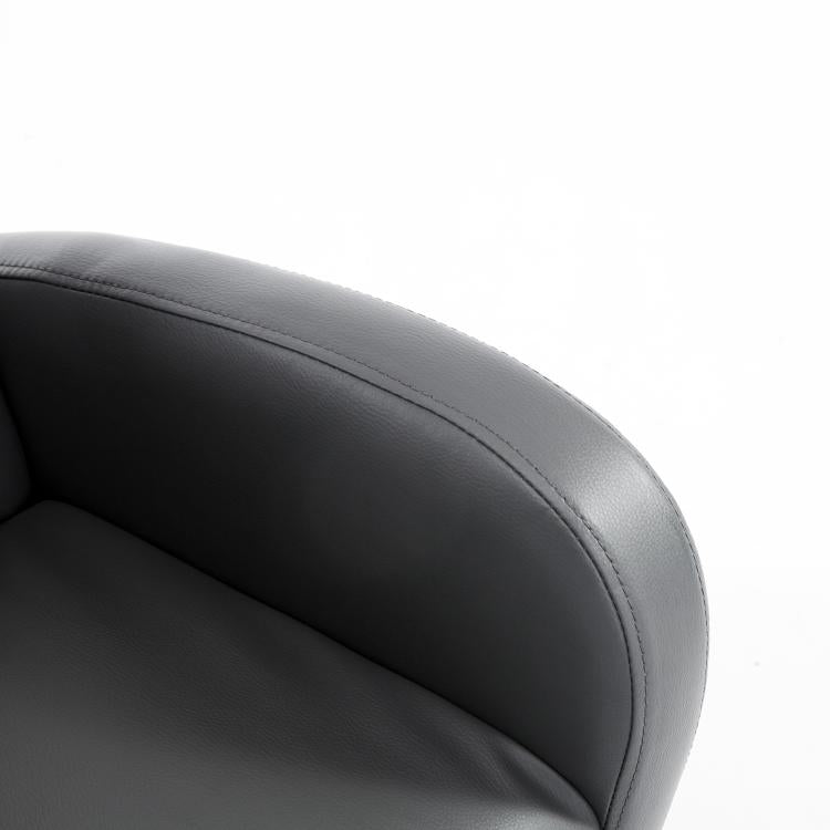 Close-up of grey PU leather backrest seam on a cushioned kids rocking chair