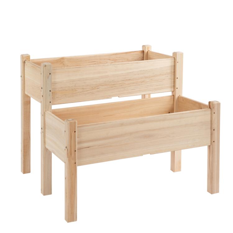 Two-tier light wood raised garden planter stand with rectangular beds and corner legs