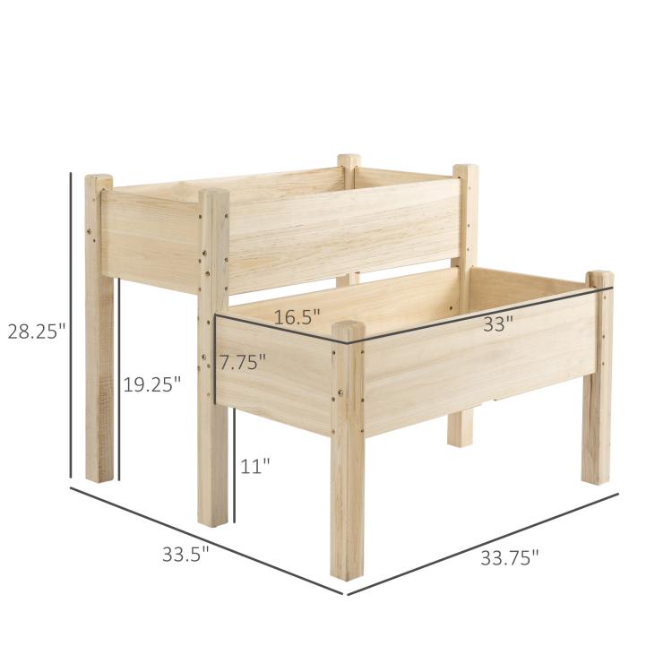 Two-tier raised garden bed stand, light wood frame, front view with dimensions