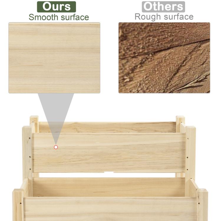Two-tier wooden planter bed showing smooth wood surface vs rough texture