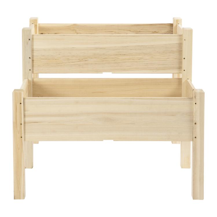Two-tier raised wooden planter bed stand, front view without plants