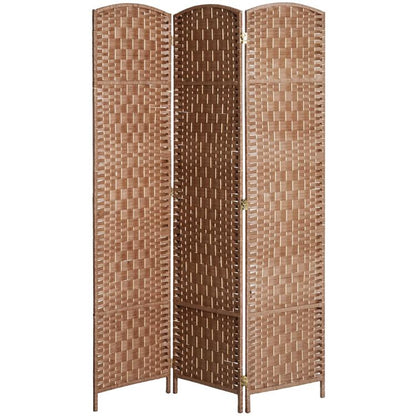 3-panel wicker room divider with natural wood frame and woven lattice screens