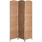 Three-panel woven wicker room divider in natural wood with hinged folding panels