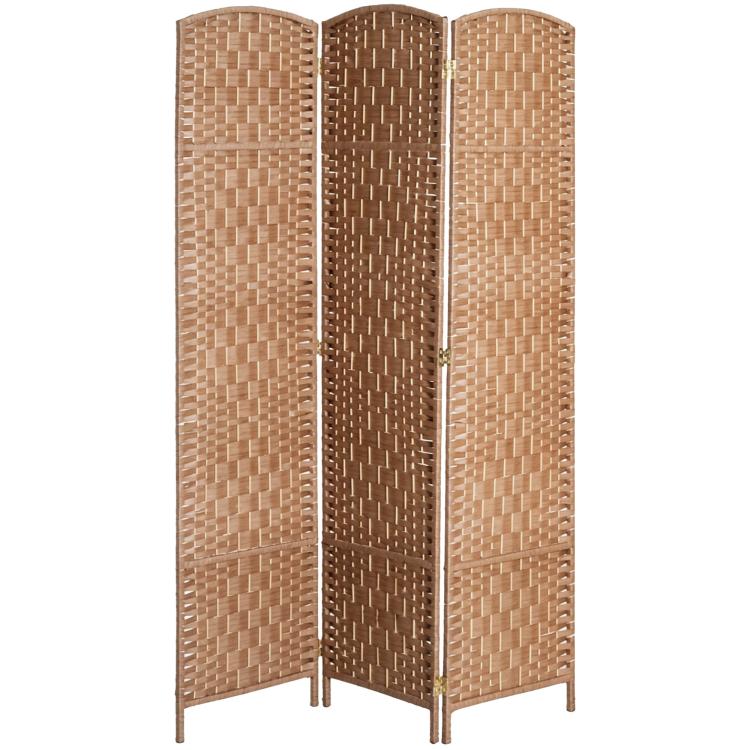 Three-panel woven wicker room divider in natural wood with hinged folding panels