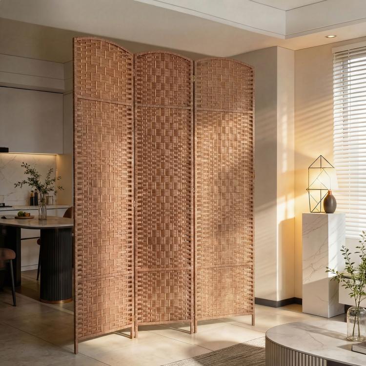 3-panel tall wicker room divider with natural wood frame and woven lattice panels