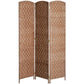 Three-panel folding room divider, woven wicker lattice on natural wood frames