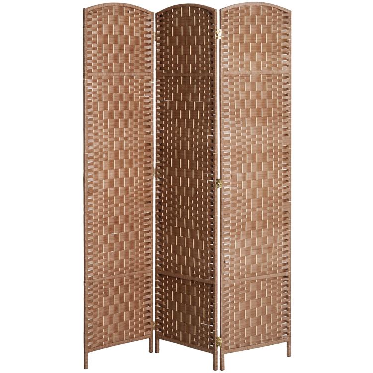 Three-panel folding room divider, woven wicker lattice on natural wood frames