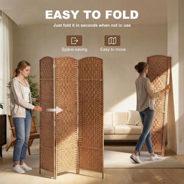 Foldable 3-panel wicker room divider showing hinged design and compact setup