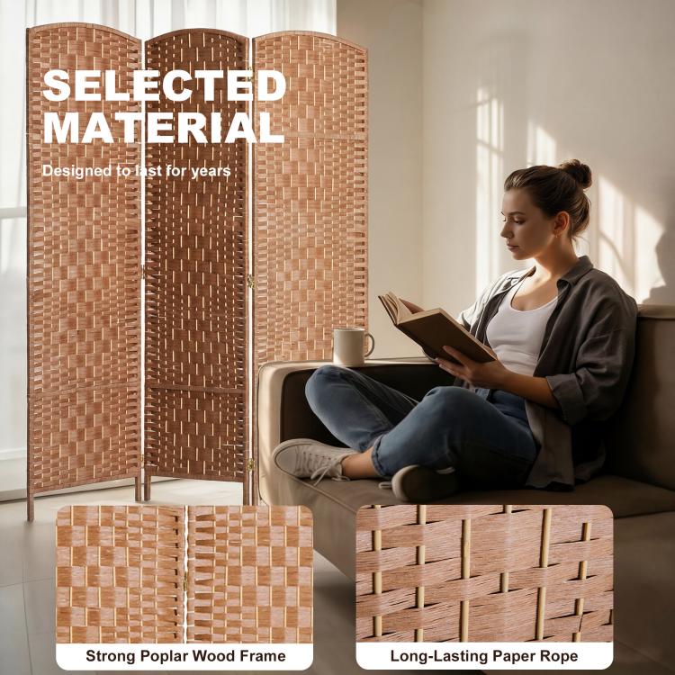 Wicker 3-panel room divider with natural wood frame and woven paper rope panels