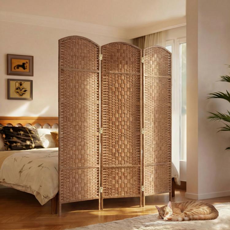 Natural wood 3-panel wicker room divider with woven lattice panels and arched tops