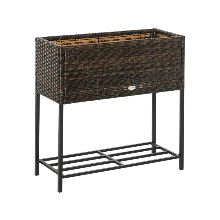 Brown wicker-look raised planter bed with lower tool shelf
