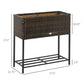 Brown rattan-style wicker raised planter box with black metal legs and shelf