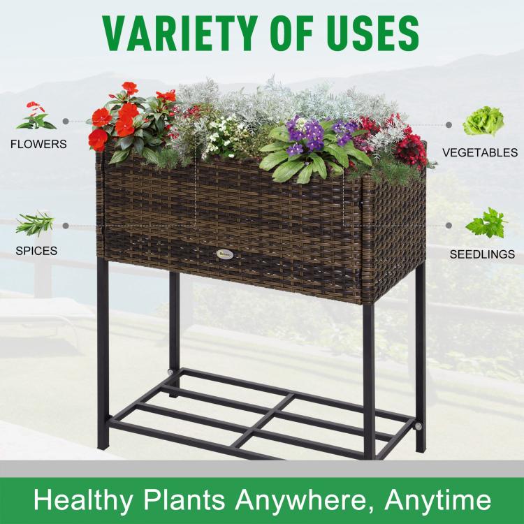 Brown rattan-style wicker elevated planter box with open bottom storage shelf