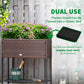 Brown rattan-style wicker planter box with black metal base and front panel