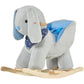 Front view of plush bunny rocking horse with blue padded seat and wooden rockers