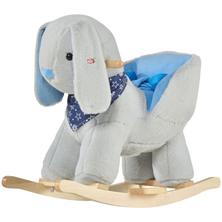 Front view of plush bunny rocking horse with blue padded seat and wooden rockers