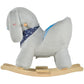 Gray plush bunny rocking horse toy with blue bandana and light wood rocker base