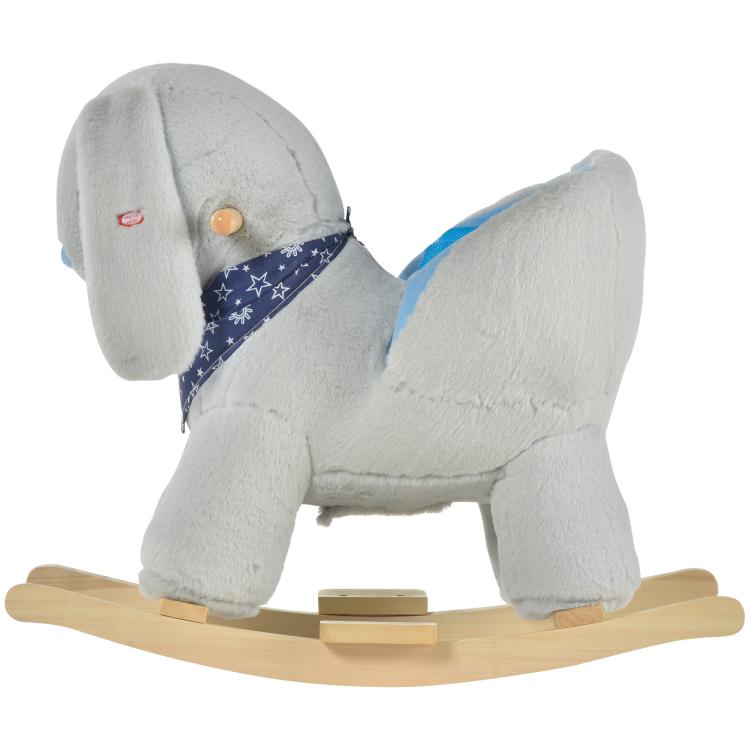 Gray plush bunny rocking horse toy with blue bandana and light wood rocker base