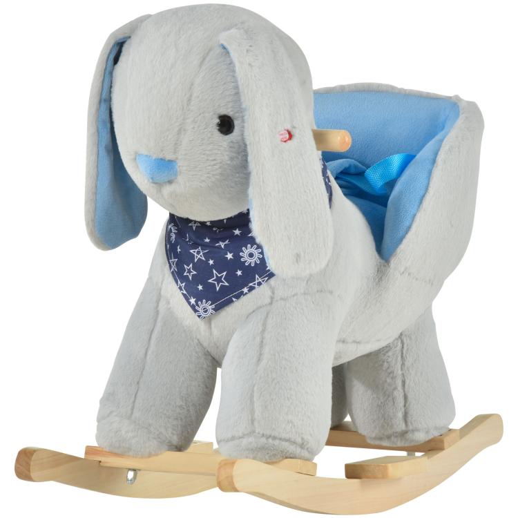 Gray plush bunny ride-on rocking horse with blue hood, bandana, and wood rocker base