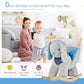 Plush bunny rocking horse toy with baby standing and wooden rockers, blue padded seat