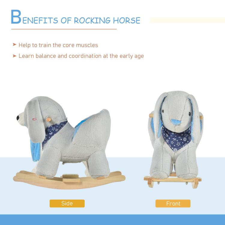 Plush bunny rocking horse toy shown from side and front angles on wooden base