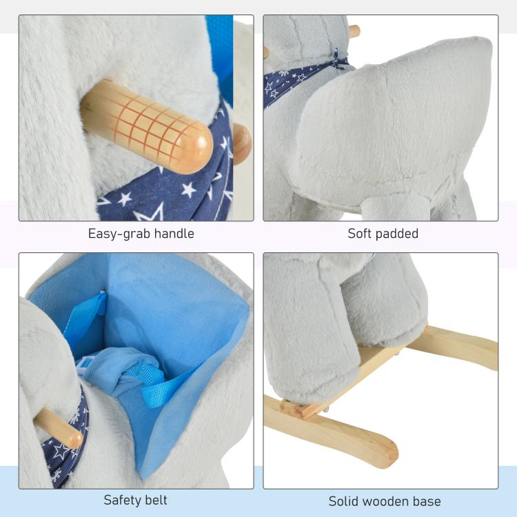 Plush bunny rocking horse with easy-grab handle, safety belt, and solid wooden base
