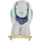 Plush bunny rocking horse toy close-up with blue bib and soft floppy ears