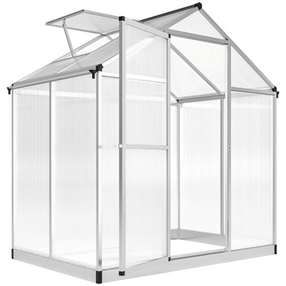 Walk-in polycarbonate greenhouse with hinged door and roof vent, clear panels, metal frame