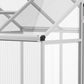 Walk-in polycarbonate greenhouse corner with roof vent and gray frame panels