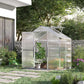 Walk-in polycarbonate greenhouse in garden with clear walls and roof vent