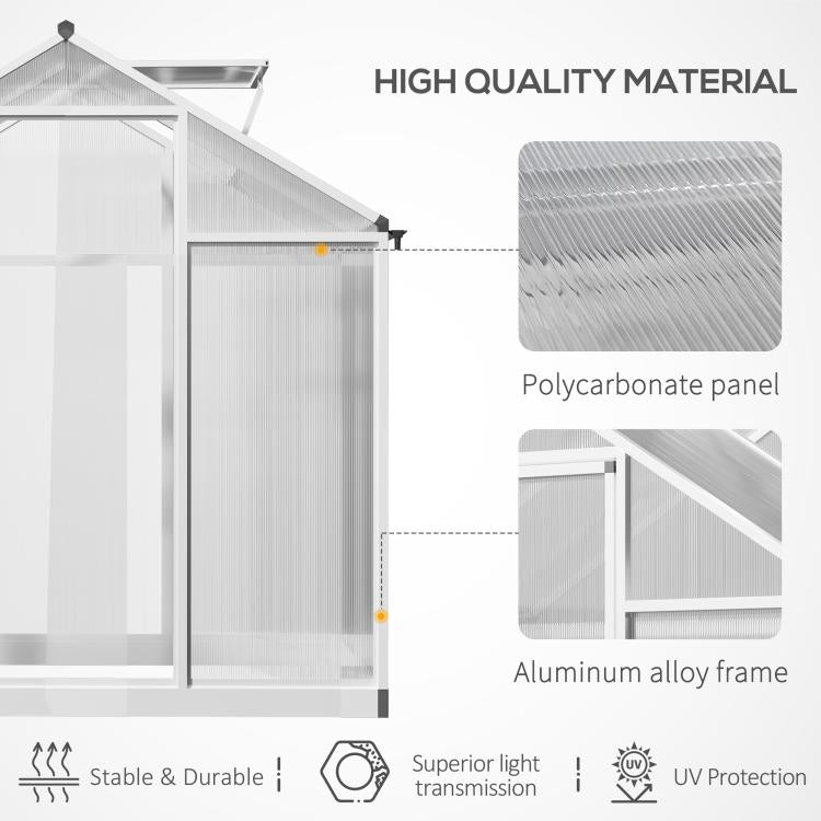 Polycarbonate panel greenhouse with aluminum frame, roof vent and door opening