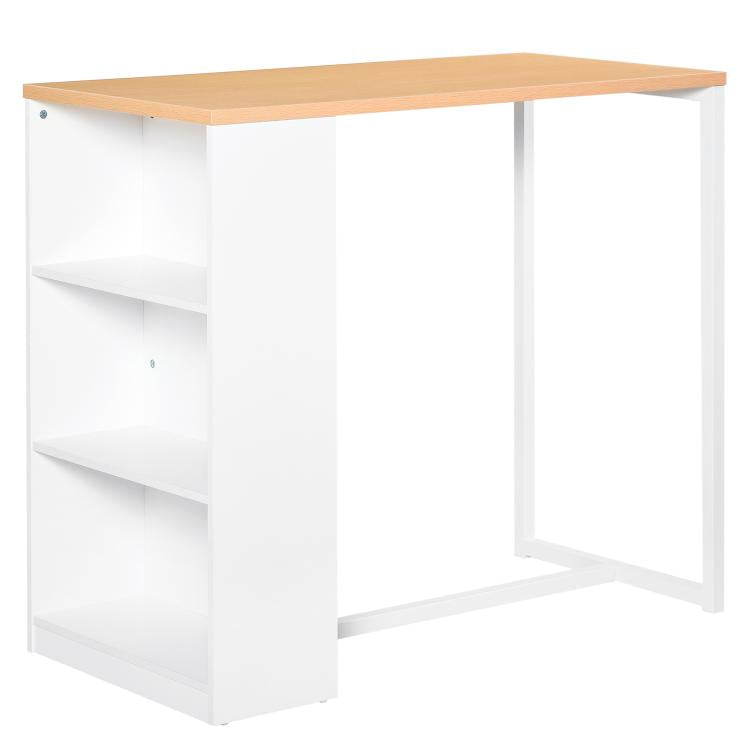 Counter-height bar table with light wood top, white base, and three open shelves