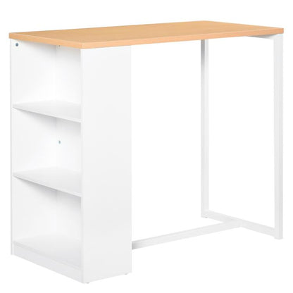 Counter-height bar table with light wood top, white base, and three open shelves