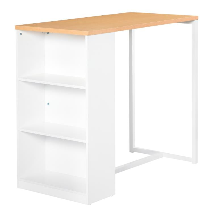 Counter-height bar table with light wood top, white base, and three-tier open shelving