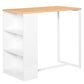 Counter-height bar table with light wood top and white open storage shelves on side