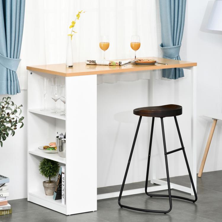 Counter-height bar table with light wood top, white 3-shelf storage, shown with stools