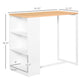 Counter-height bar table with light wood top, white base, and 3-tier open shelving