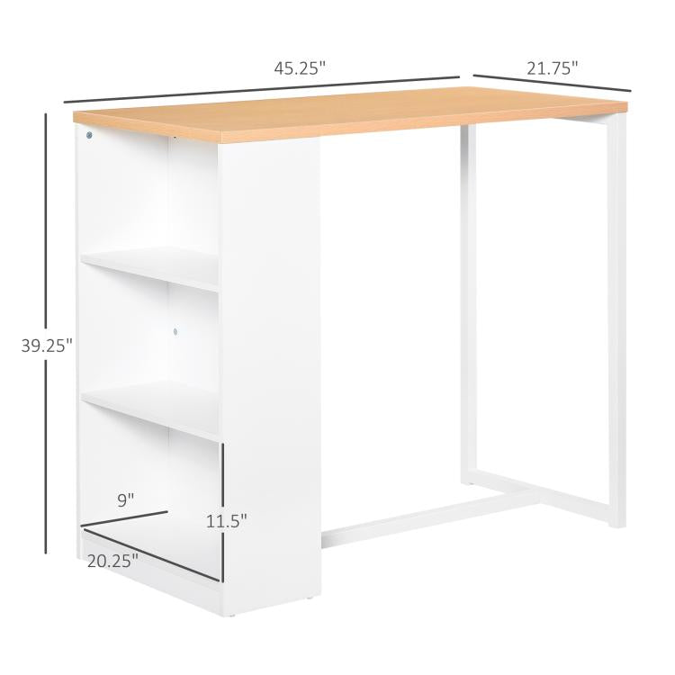Counter-height bar table with light wood top, white base, and 3-tier open shelving