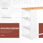 White bar table with light wood tabletop and three-tier open storage shelving