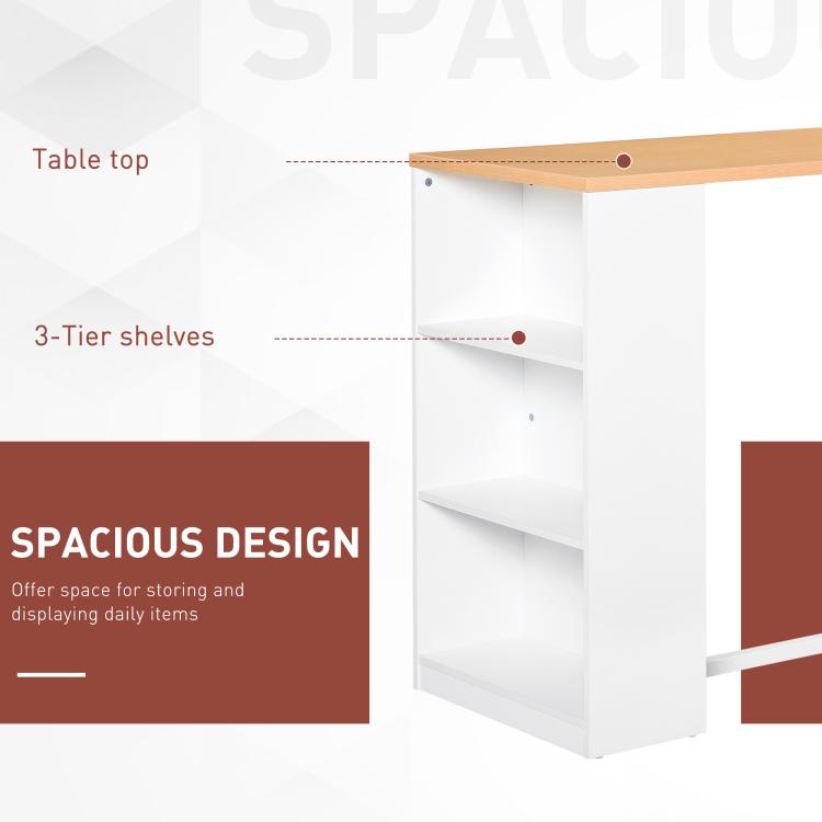 White bar table with light wood tabletop and three-tier open storage shelving