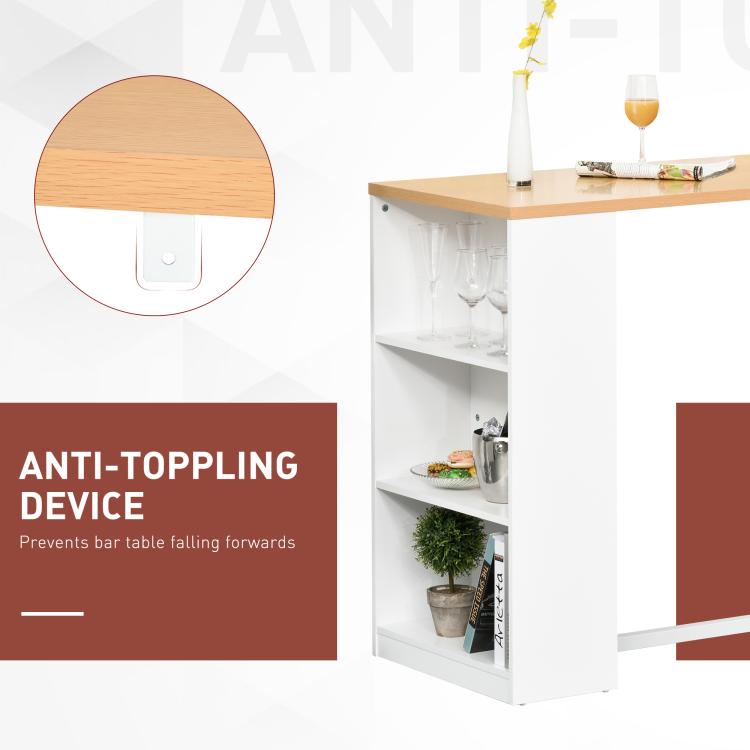 White bar table with light wood tabletop and visible anti-tip bracket on underside