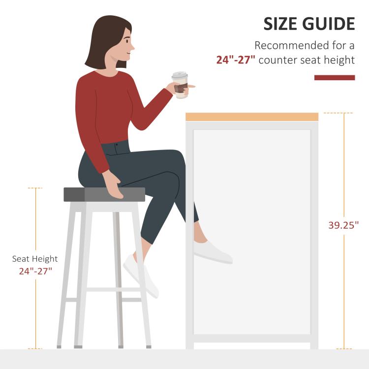 Counter-height bar table with light wood top and white cabinet storage for seating area