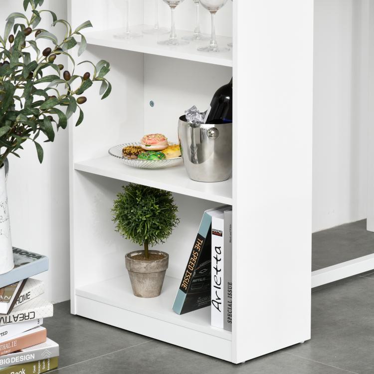 Close-up of white 3-tier storage shelves inside counter-height bar table with wood top