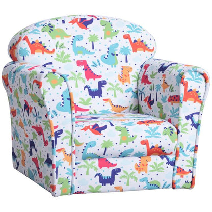Kids dinosaur print armchair with thick padded seat and rounded arms, light blue base