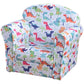 Kids dinosaur-themed upholstered armchair with padded back and seat, multicolor dino pattern