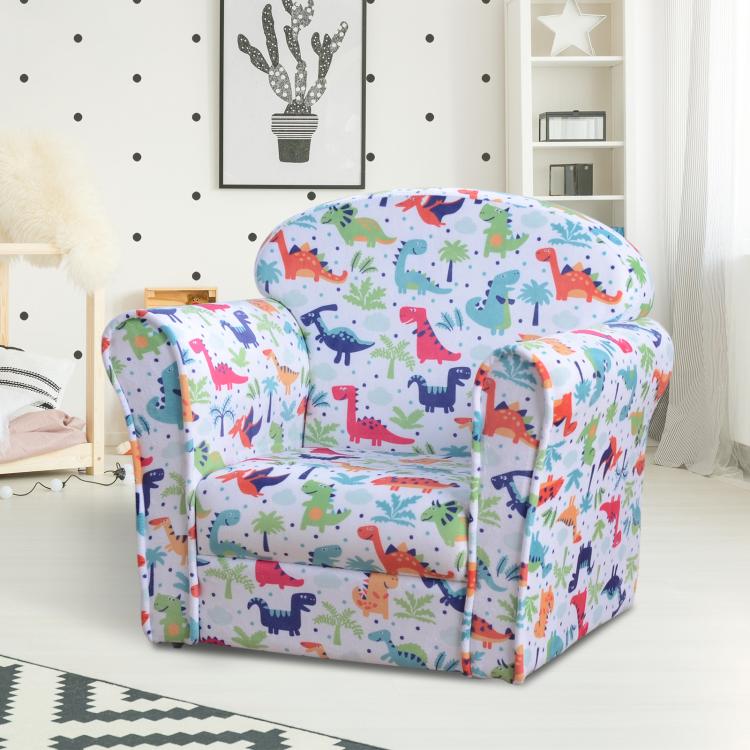 Kids dinosaur print armchair with rounded armrests and thick padded seat, colorful dino fabric
