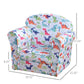 Kids dinosaur print armchair with thick padded cushions, shown with size-style outlines