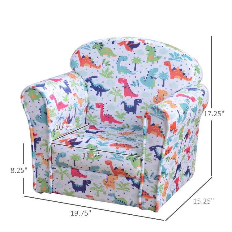 Kids dinosaur print armchair with thick padded cushions, shown with size-style outlines