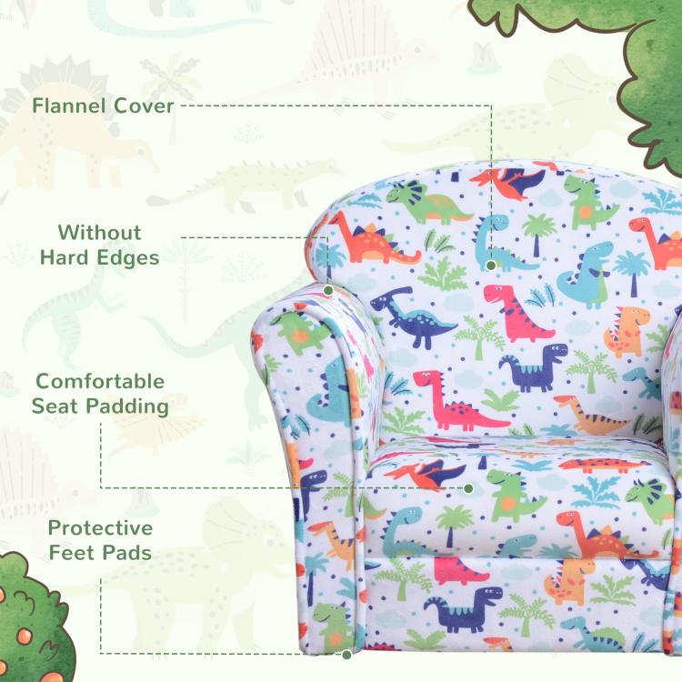 Kids dinosaur print armchair showing padded seat and soft flannel-style cover, no hard edges